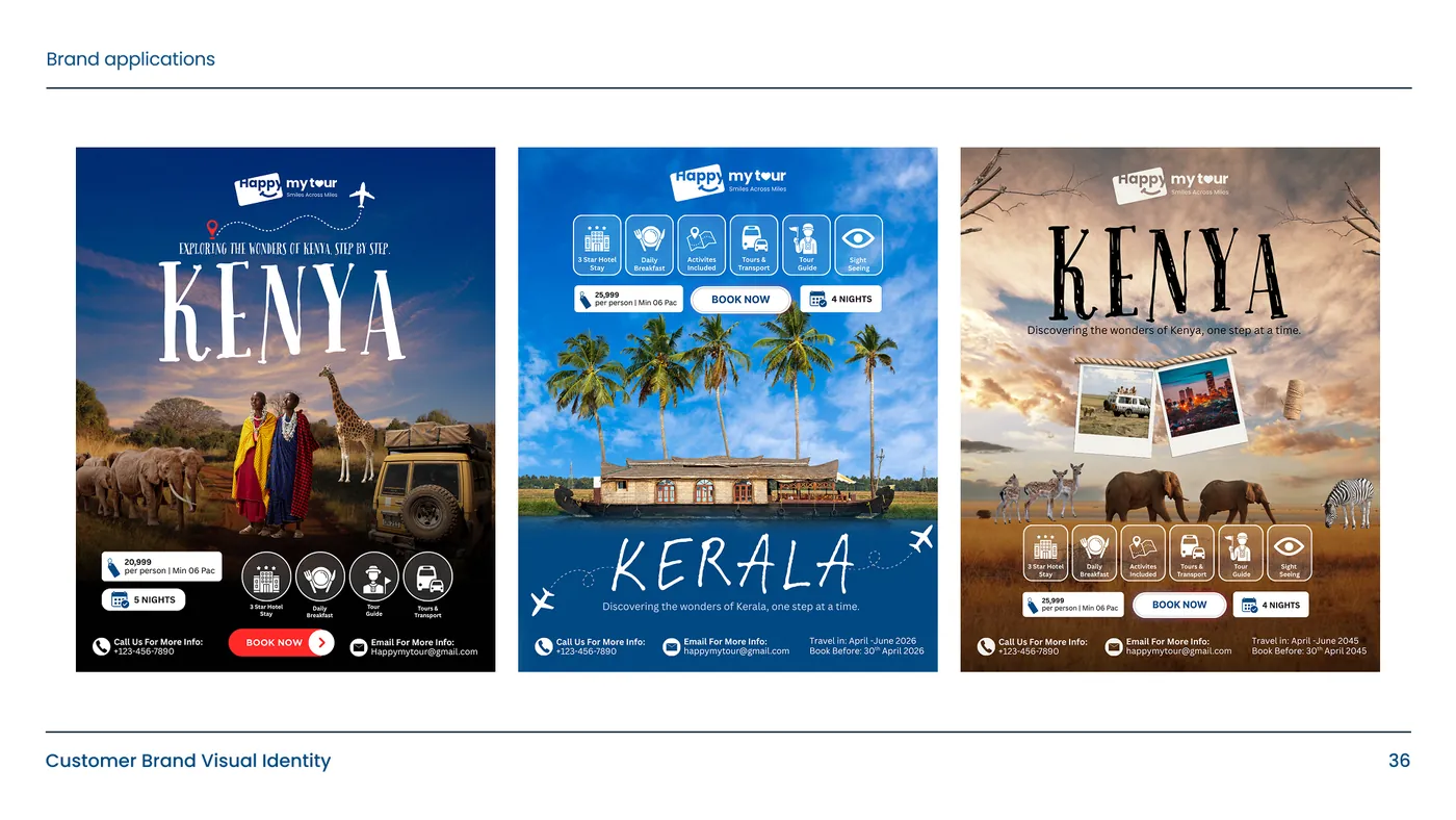 Social posters for trips to Kenya and Kerala in the Happy My Tour style