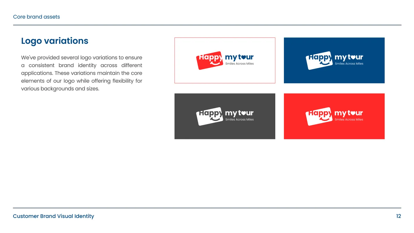 Happy My Tour logo in four colourways, on white, blue, charcoal and red