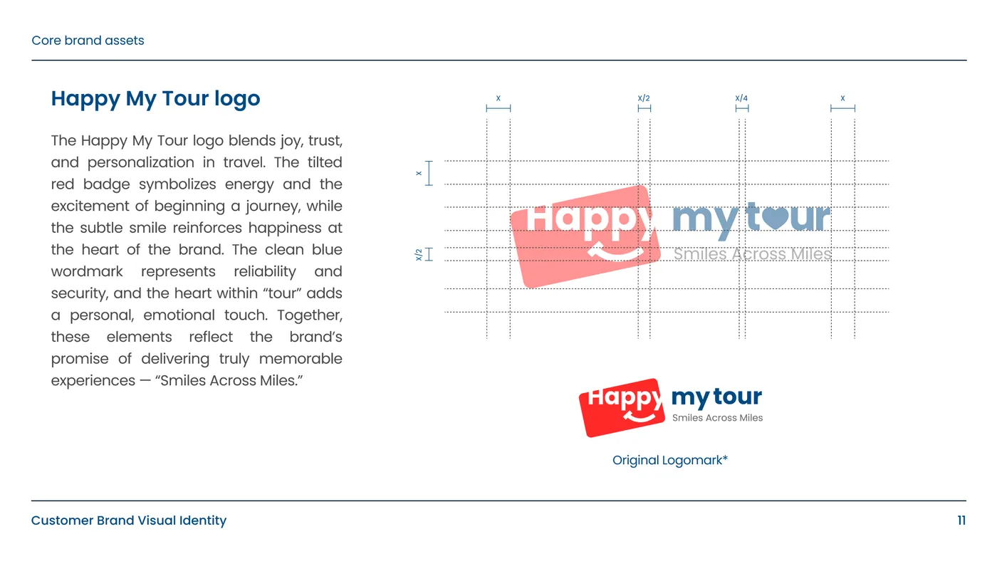 Happy My Tour logo on its construction grid, with the tilted red badge and blue wordmark