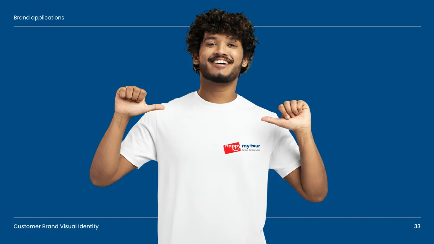 Man in a white Happy My Tour T-shirt pointing at the logo