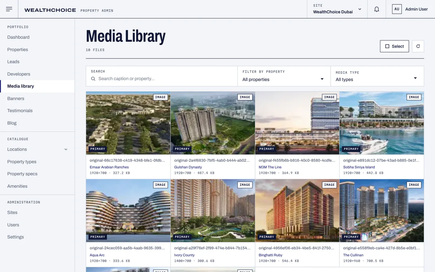 Media library grid of project photos saved as WebP