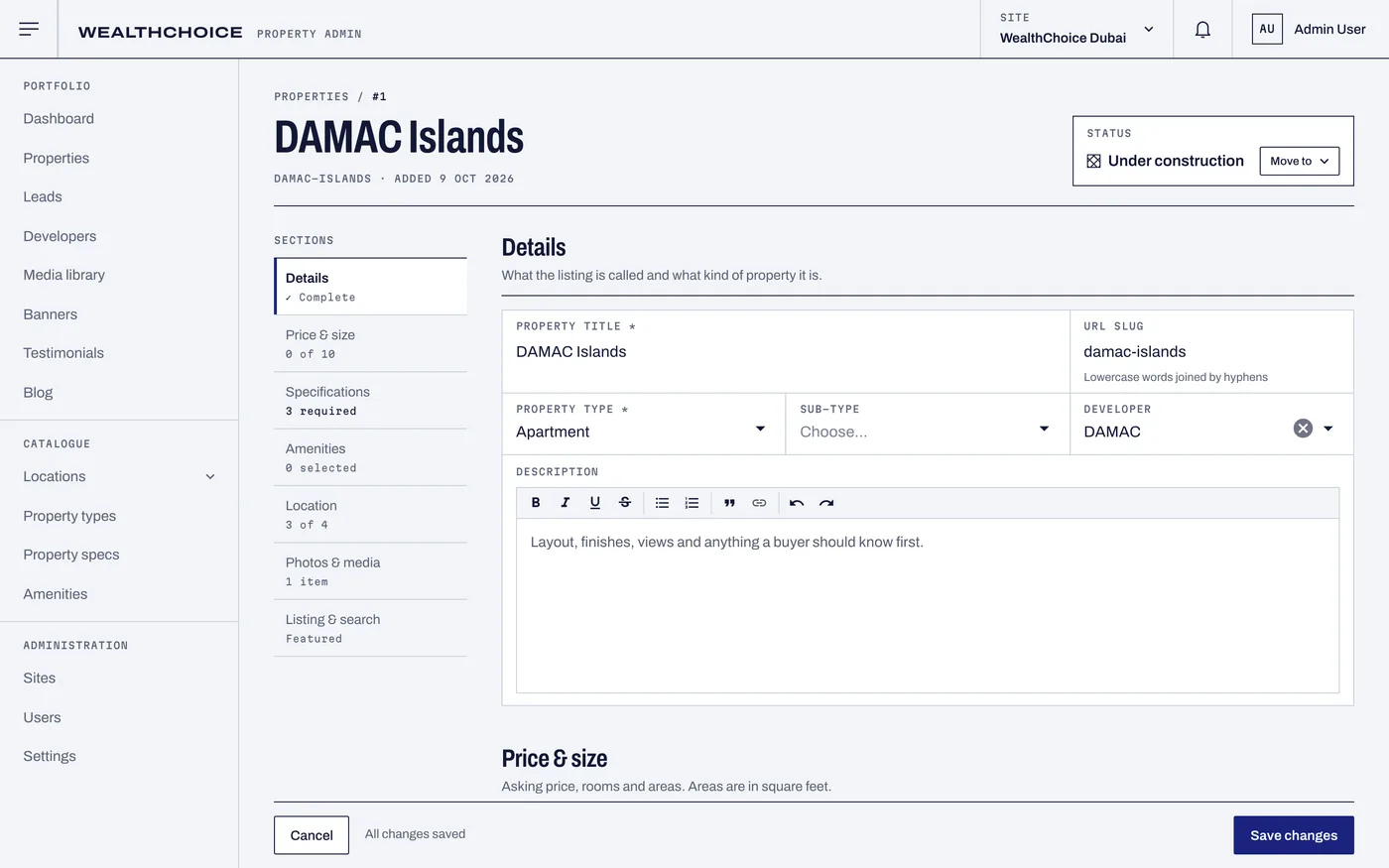 Listing editor for DAMAC Islands, with a section index and a status control